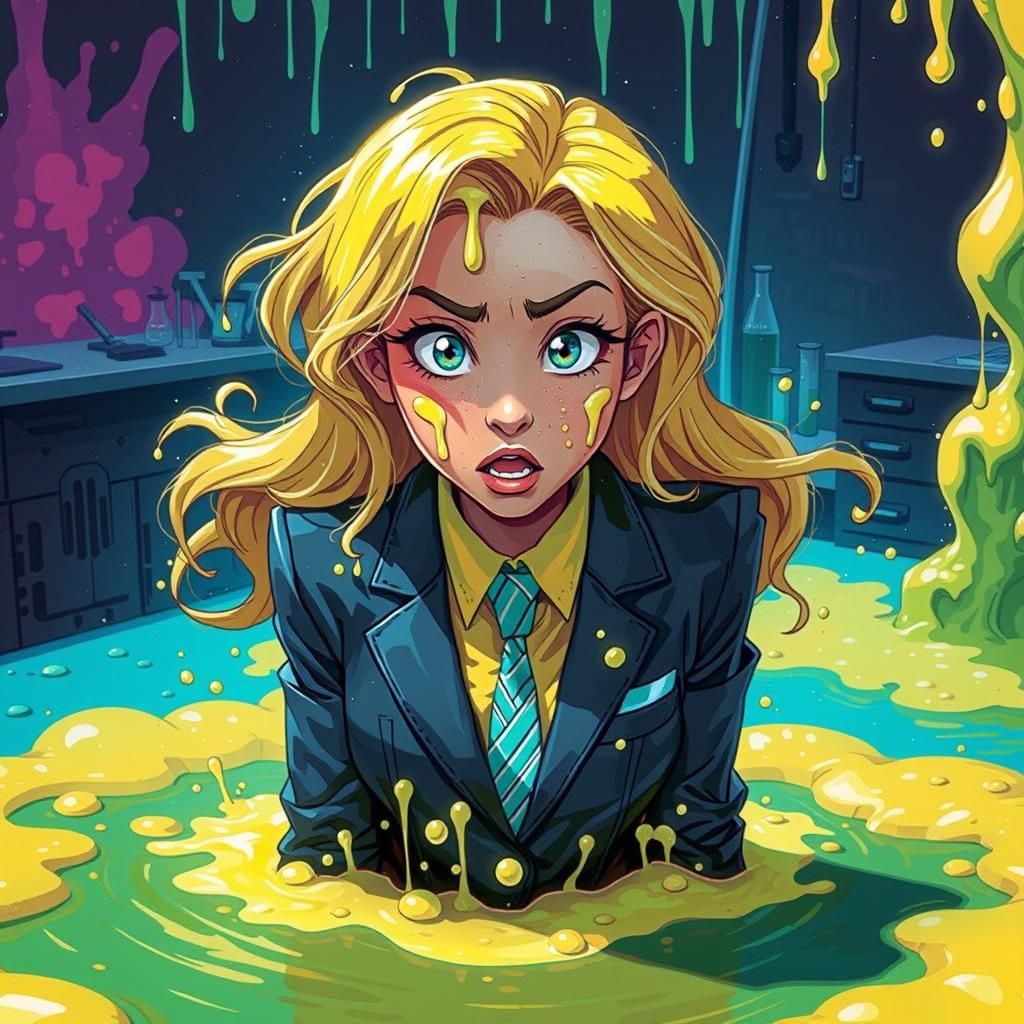 Blonde Student's Slimy Lab Mishap in 80s Cartoon Style