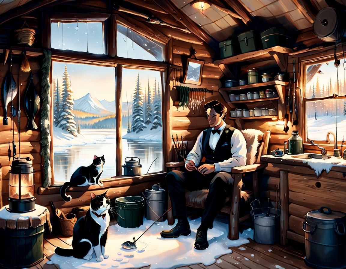 Cozy Ice Fishing Hut with Cat and Golden Light