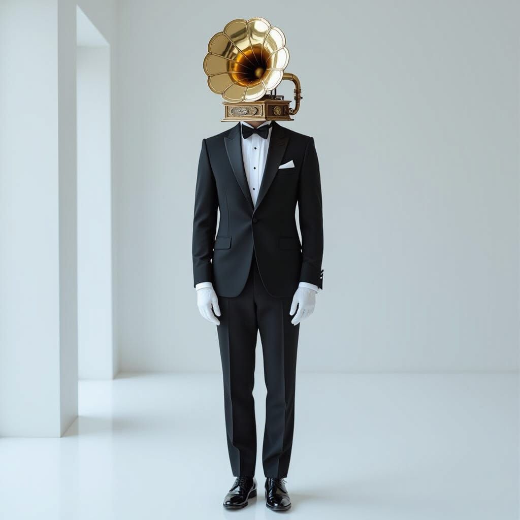 Gramophone Head in Minimalist Room, Futuristic Realism