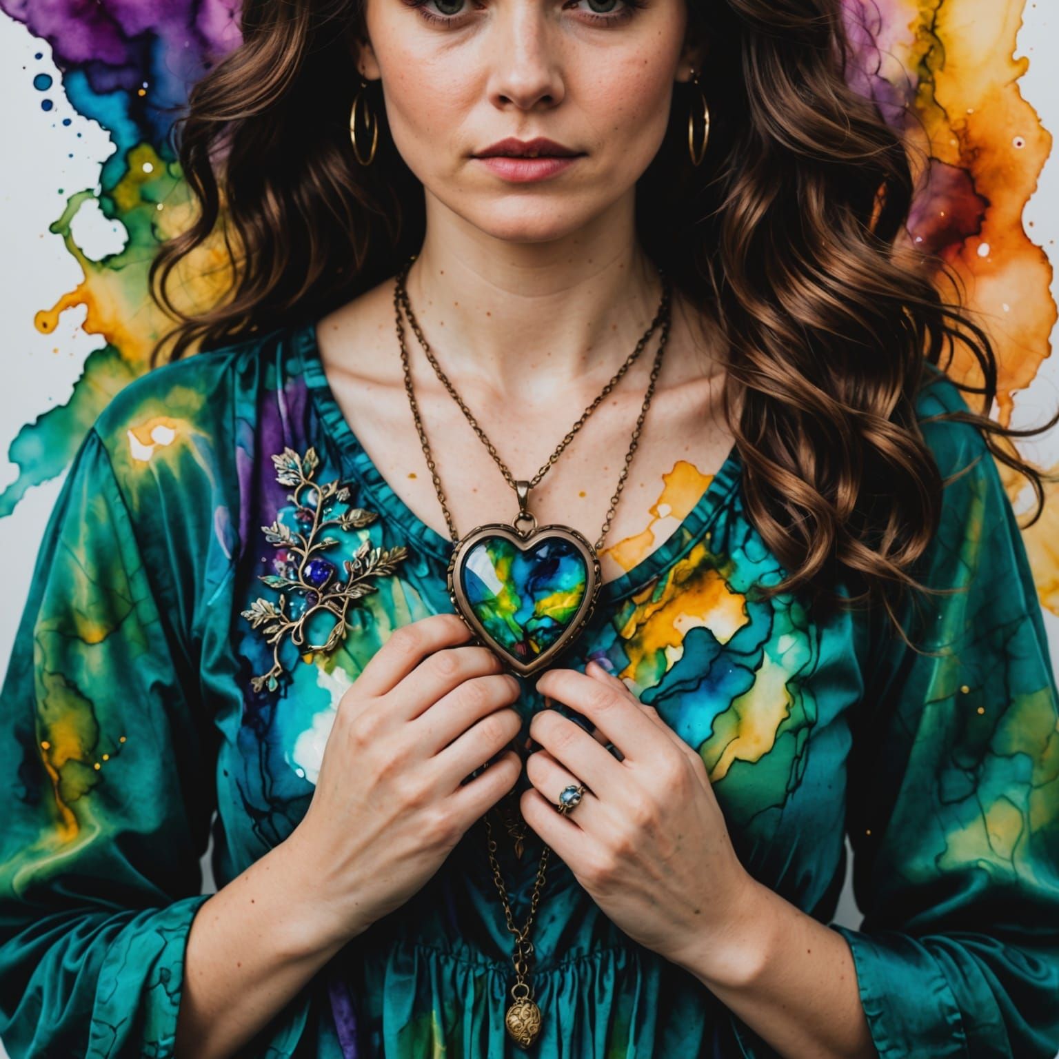 Elegant Woman Holds Treasured Locket in Moody Alcohol Ink