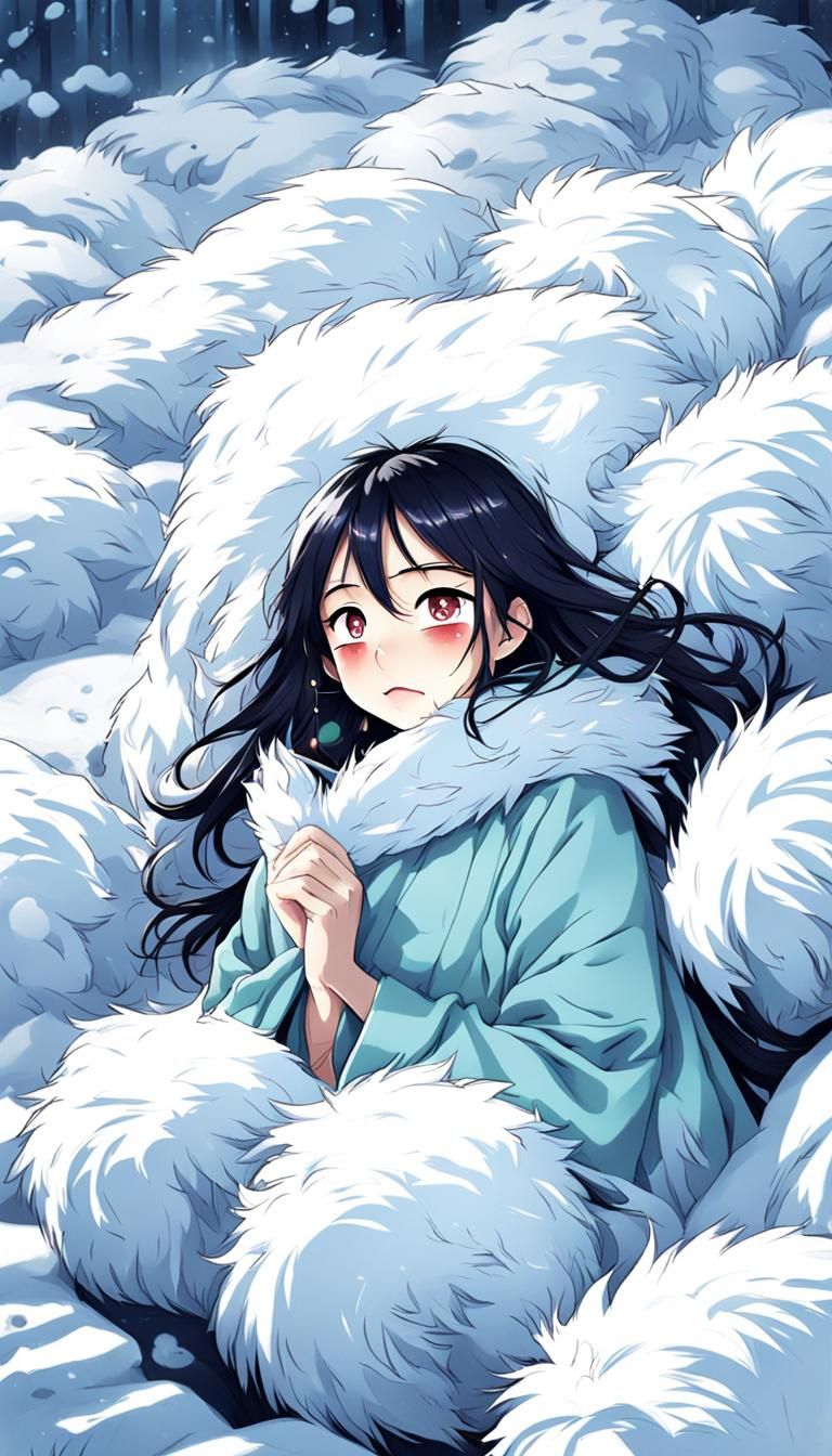 Girl's Fear Under Fur Blanket in Anime Style