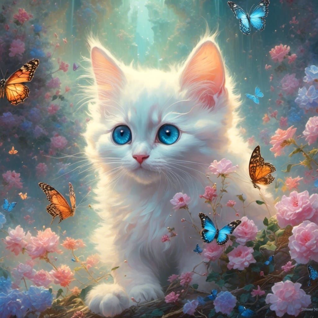 Siamese Kitten and Butterfly in Ethereal Style