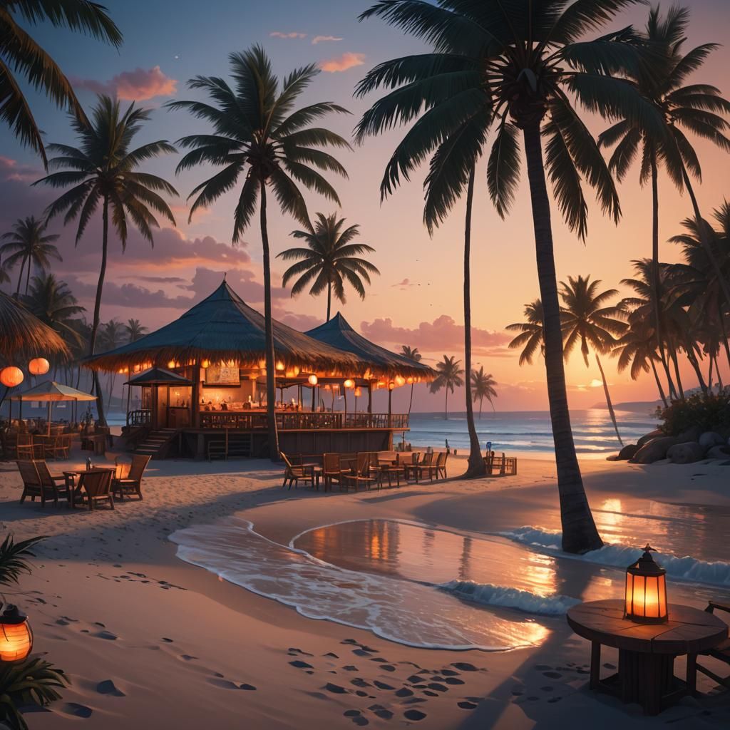 Tropical Beach Sunset in Vibrant Digital Painting Style