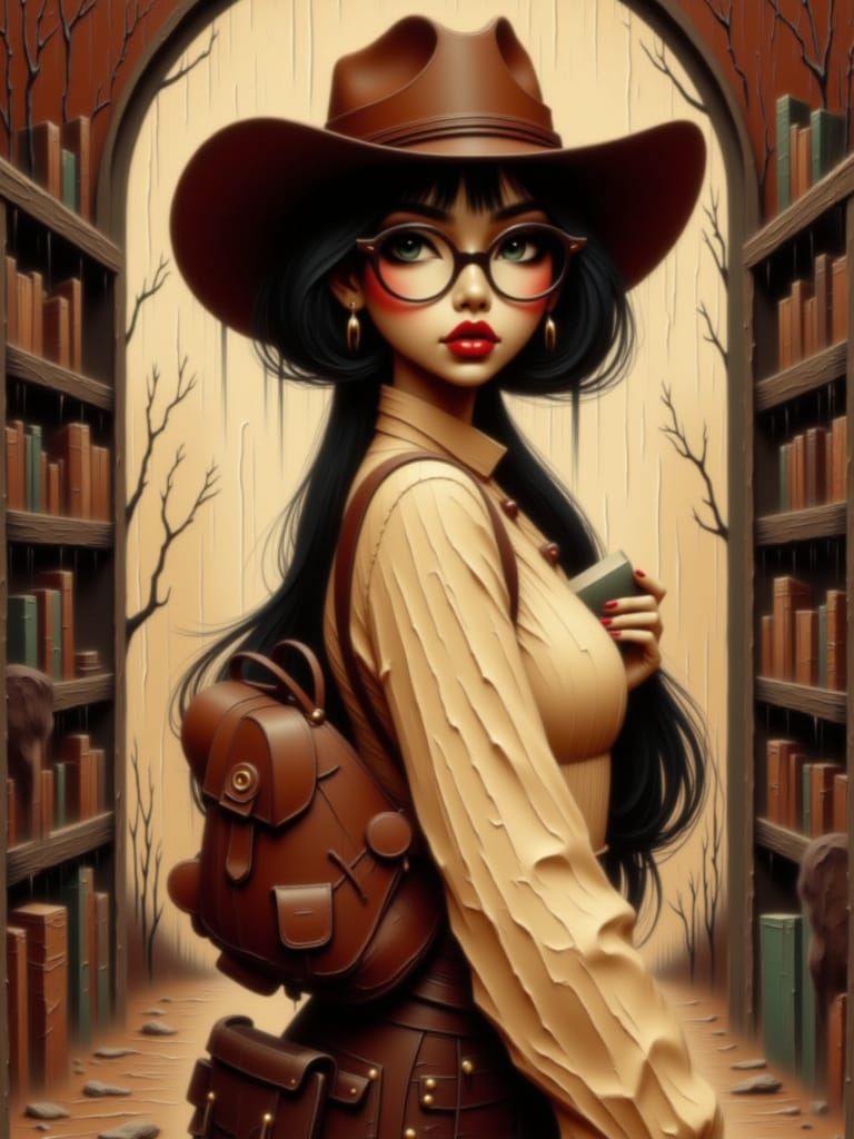 Cowgirl in Intellectual Fashion Poses in Rustic Library
