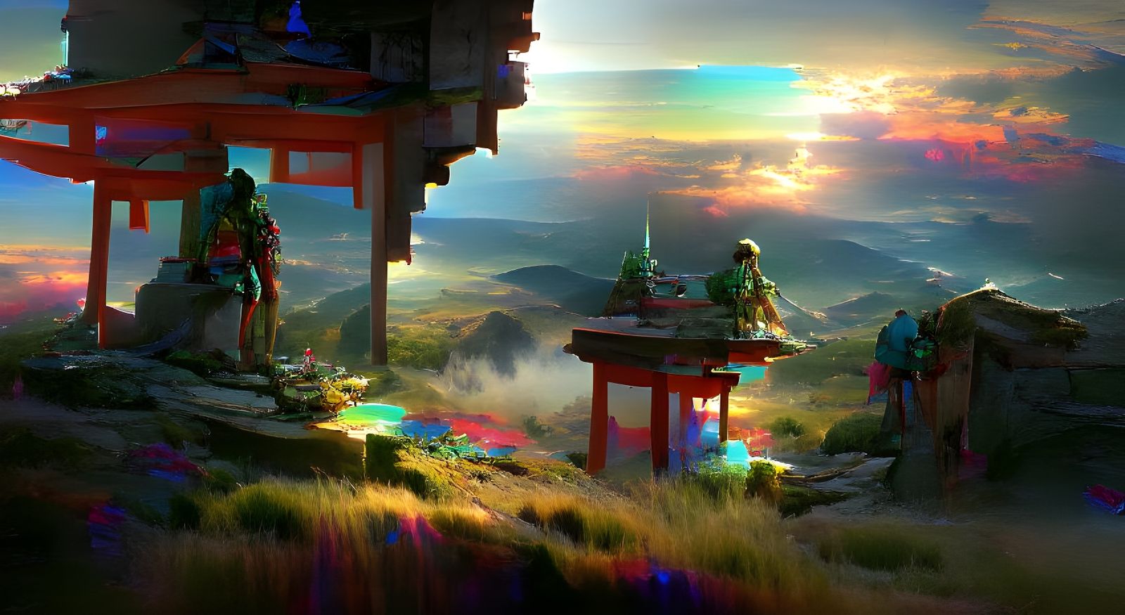 Mountain Shrine Panorama in Digital Art Style
