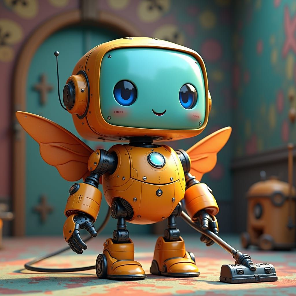 Adorable Robot Sculpture with Wings in Dreamlike Setting