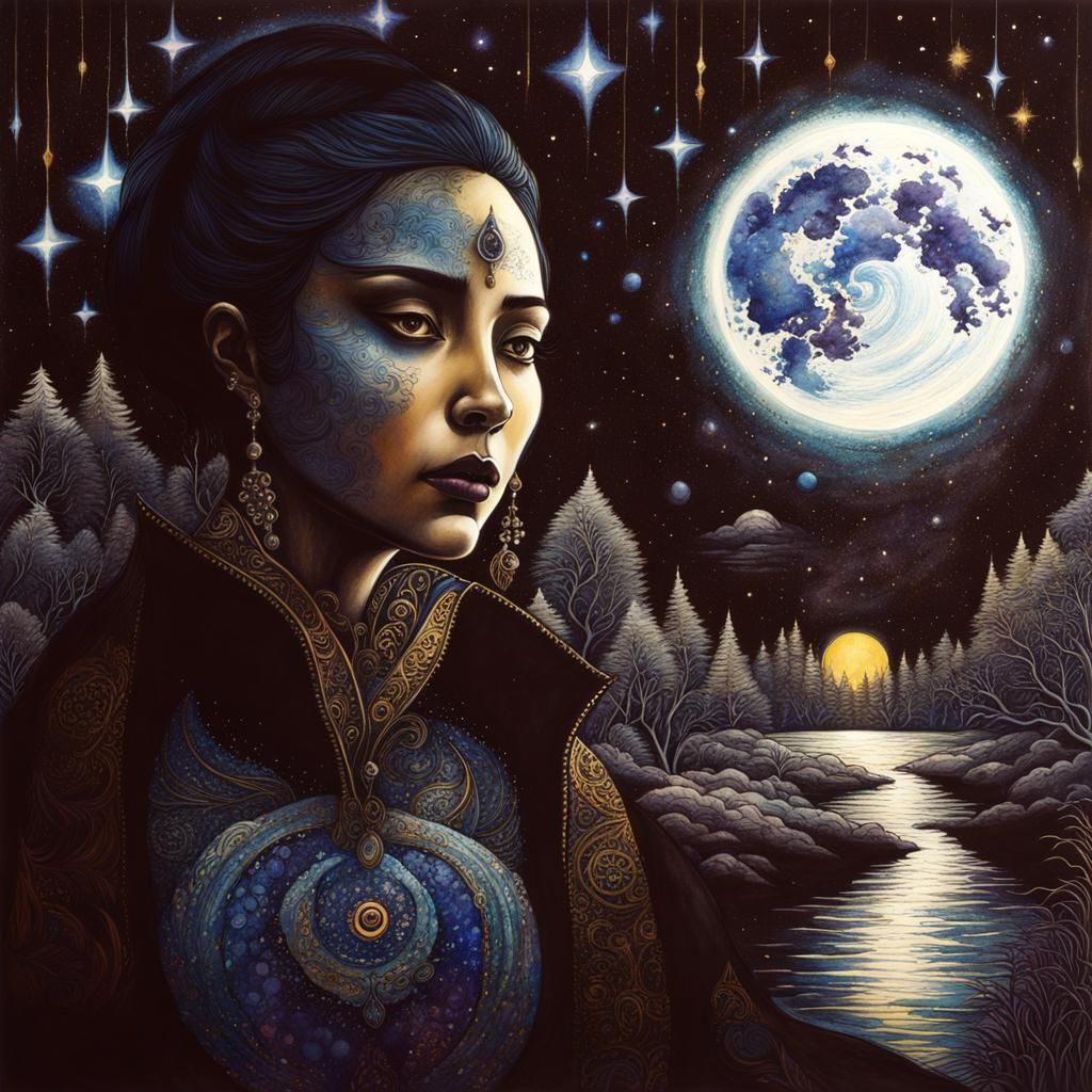 Mystical Woman in Cosmic Forest, Mixed Media Collage