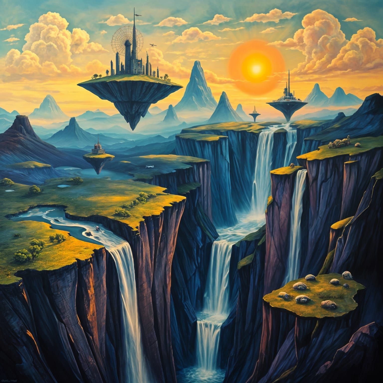 Surreal Dreamscape of Floating Islands and Waterfalls
