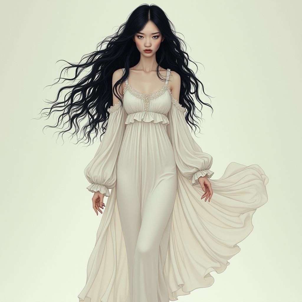 Elegant Woman with Dark Eyes and Flowing Hair