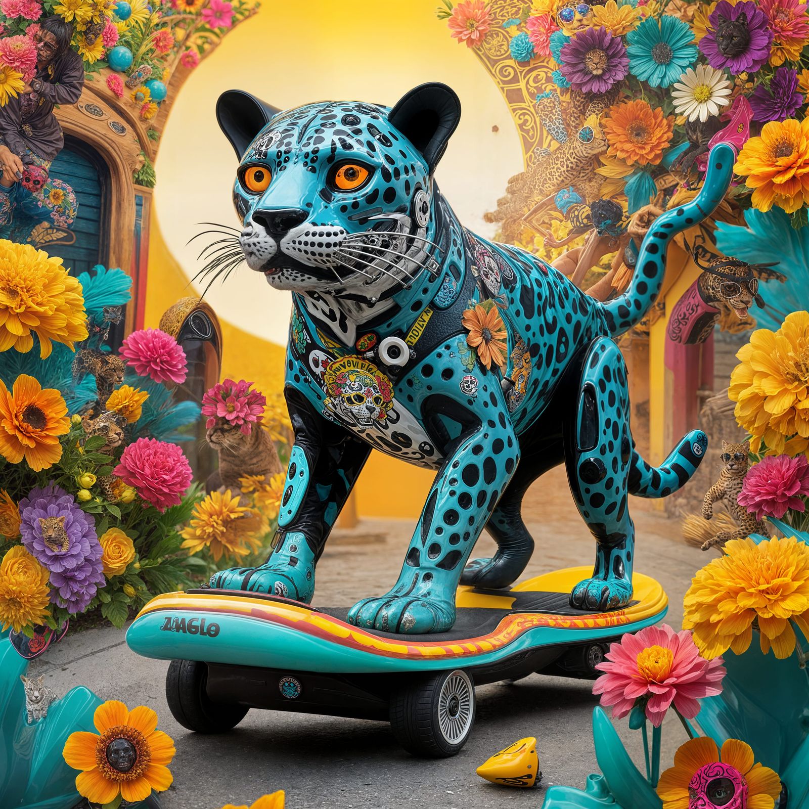 A jaguar riding a hoverboard