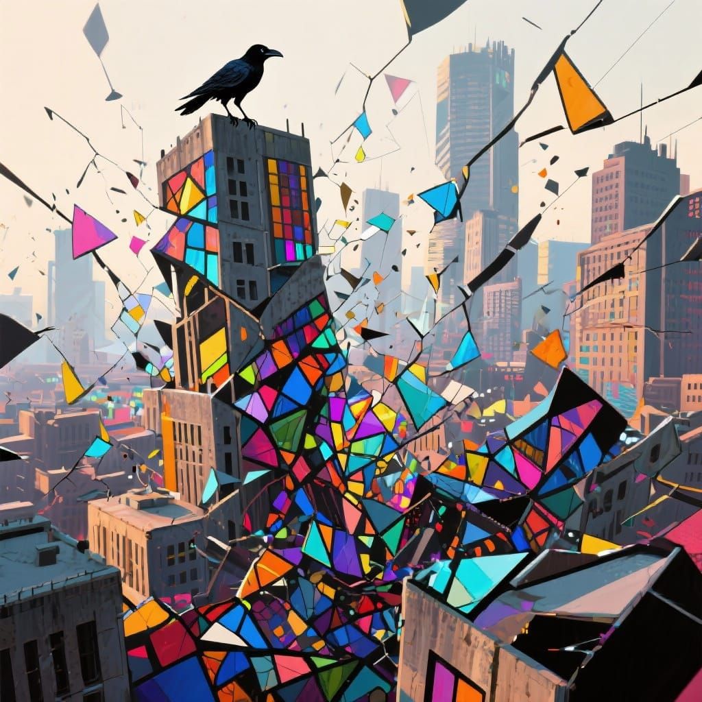 Geometric Stained Glass Cityscape with Raven