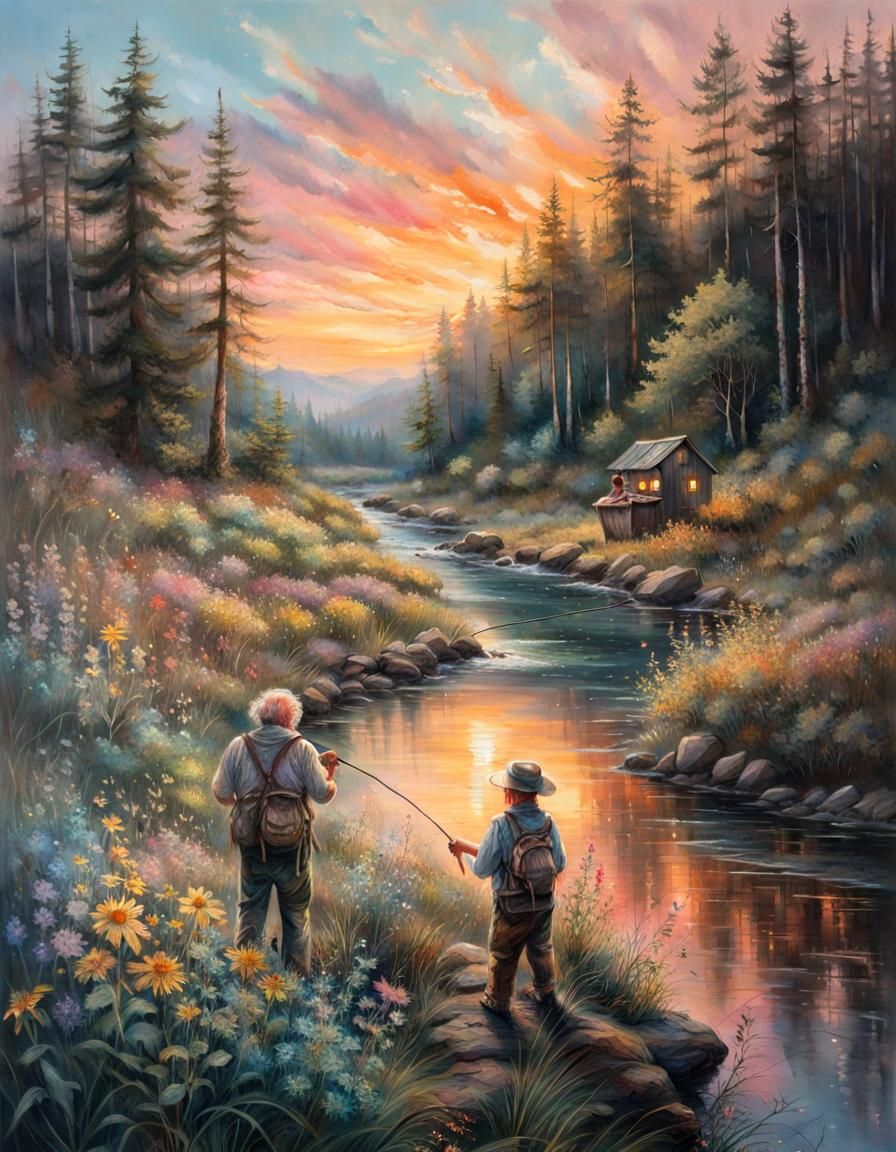 Toddler and Grandpa Fishing in Lush Forest: Pastel Art