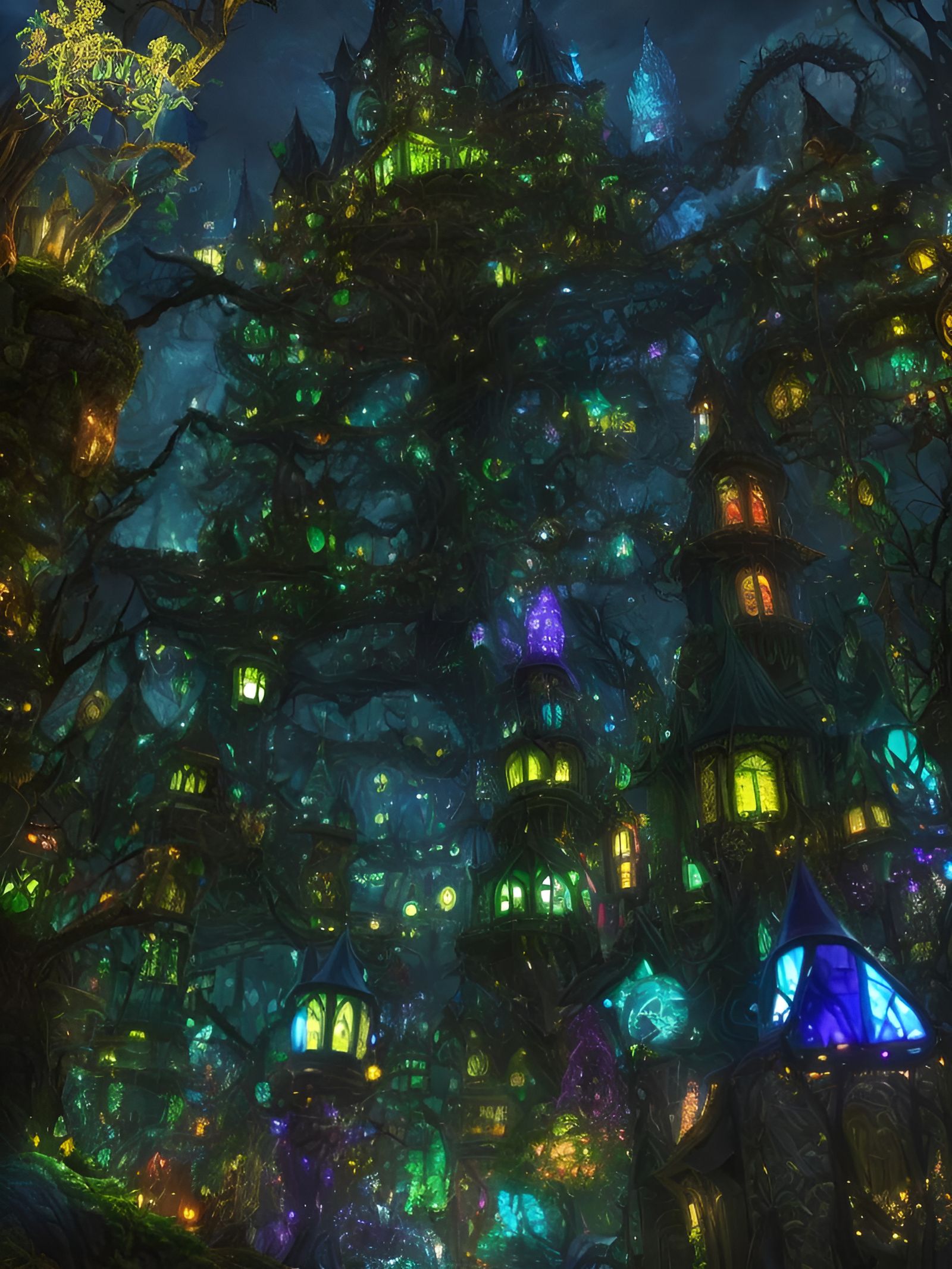 Goblincore Tree Village in a Dark Fairytale Land