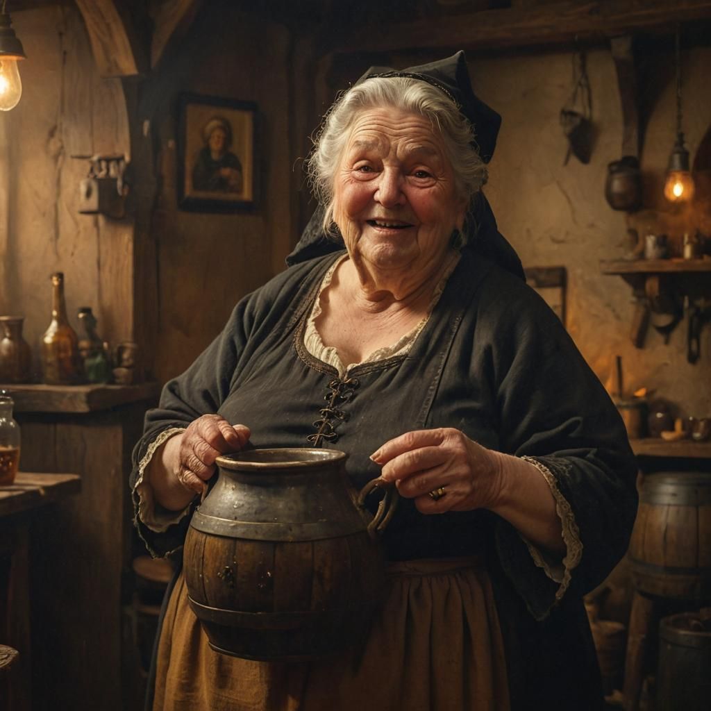 Granny Witch with Beer in Rembrandt-esque Oil Painting