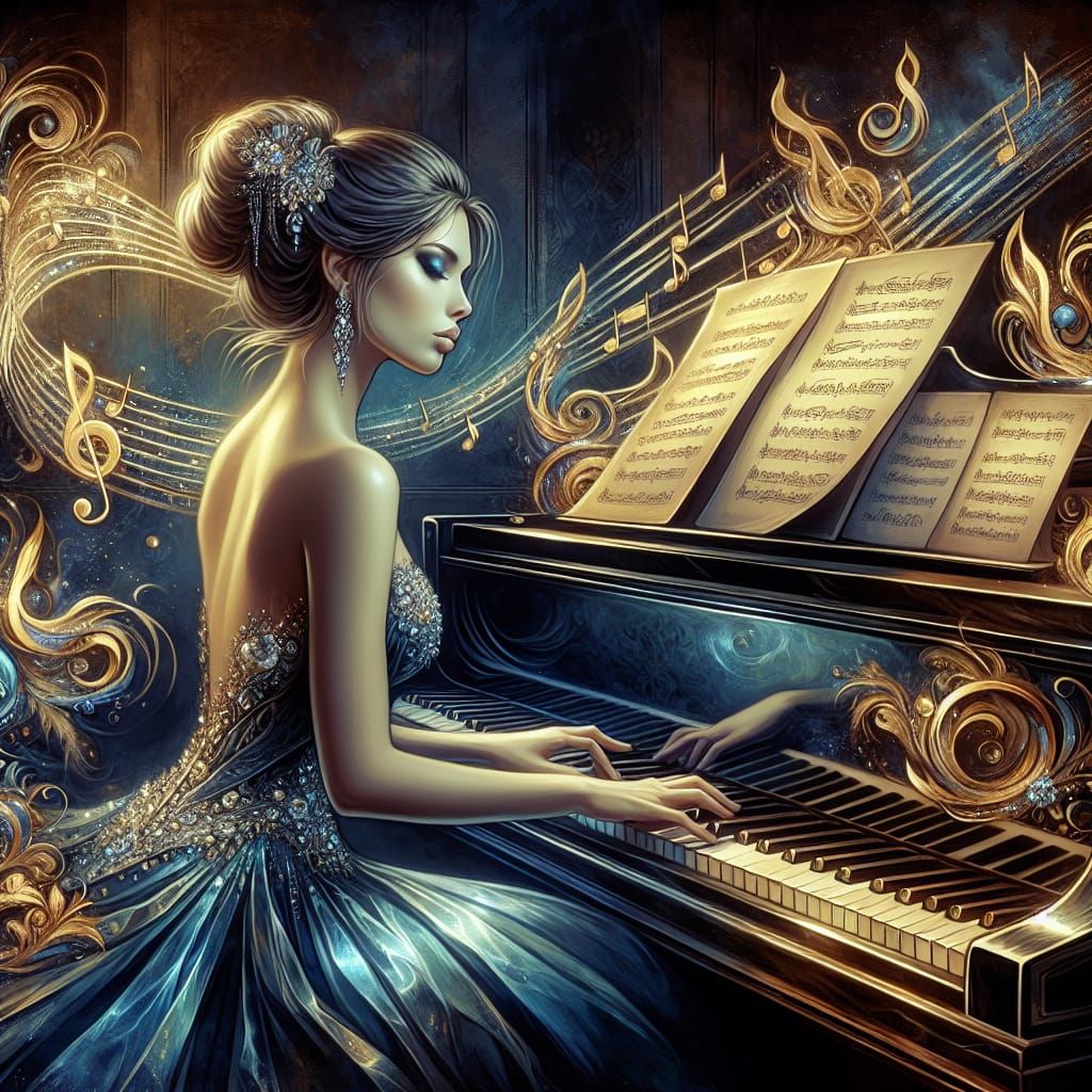 Enchanting Pianist in Sapphire Gown: Romantic Symbolism