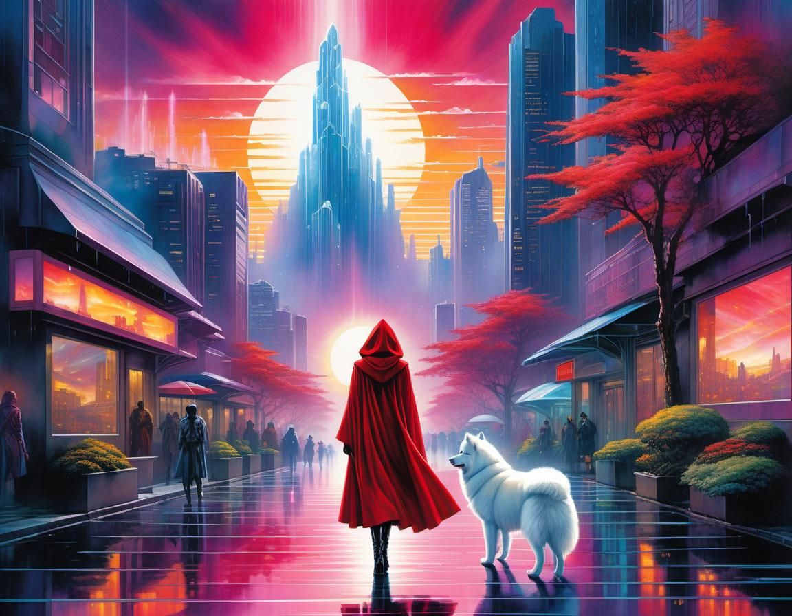 Little Red Riding Hood in Vaporwave Cityscape