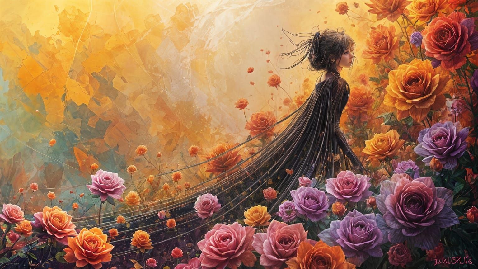 Many Roses in Dark Oil Paint Magical Art