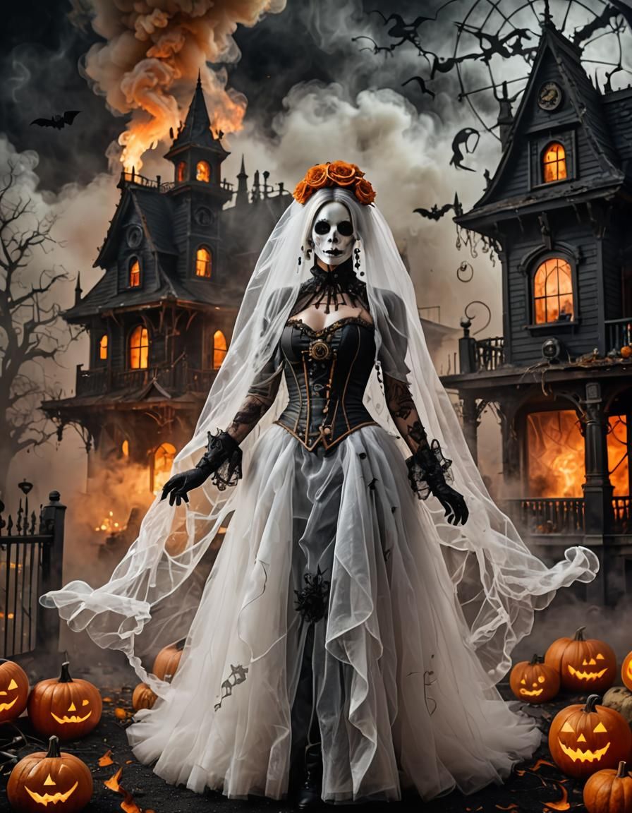 Steampunk Gothic Ghost in Fog with Halloween Decorations