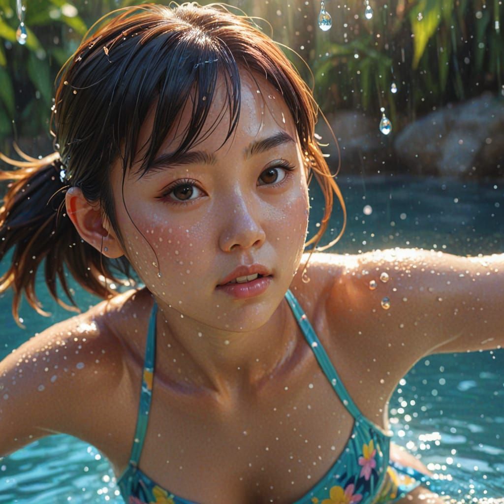 Japanese Girl Dives into Vibrant Digital Water