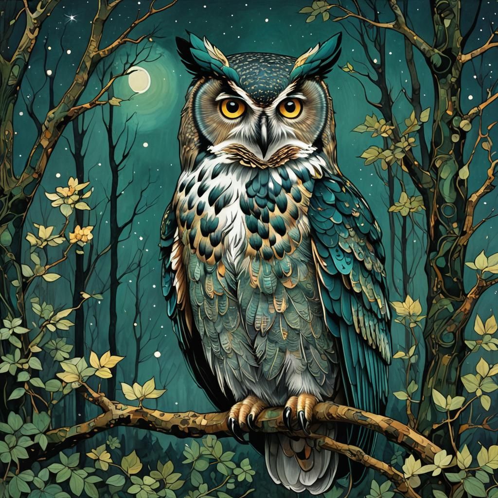 Owl in Teal Forest: Art Nouveau Style