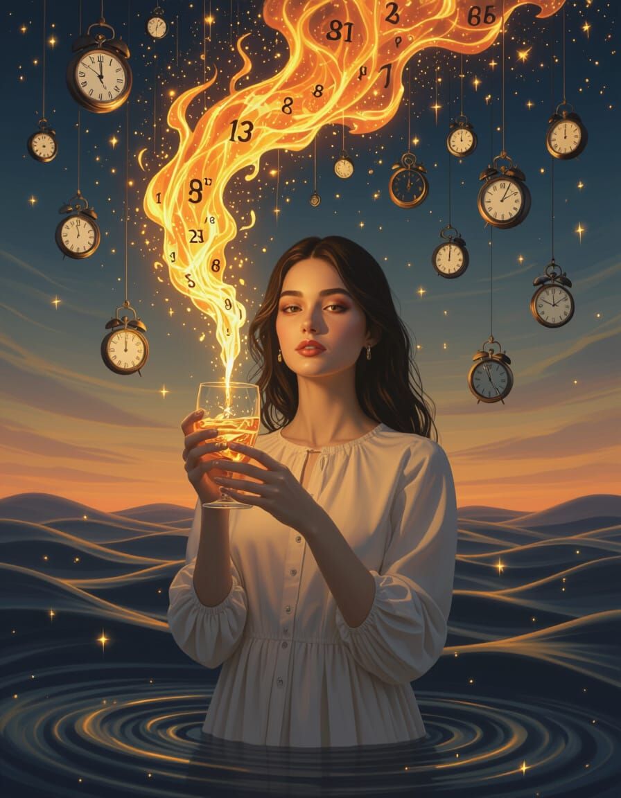 Surreal Portrait of Woman Holding Burning Time