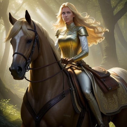 Blonde Woman Riding Horse in Sunlit Forest