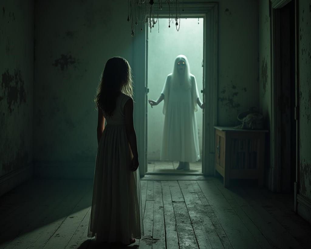 Terrified Girl and Ghostly Figure in Old Room