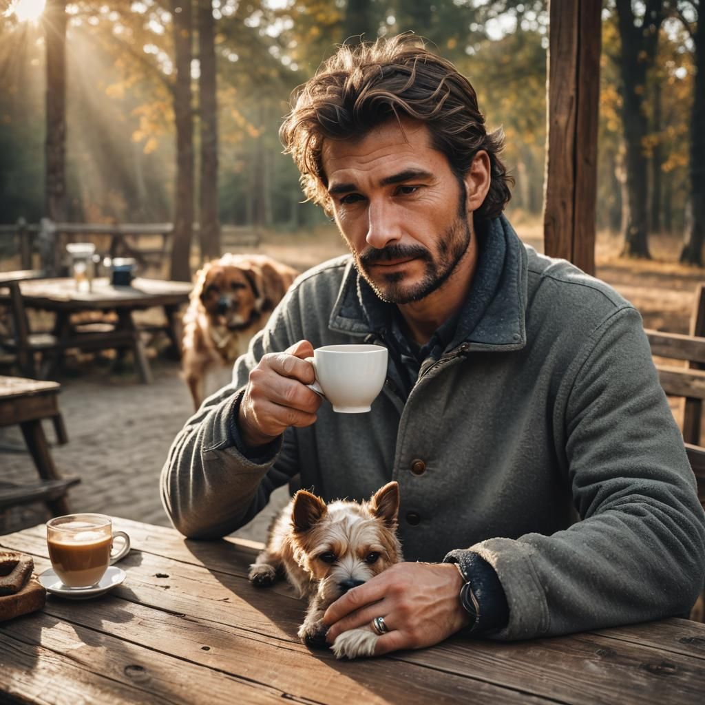 Man and Dog Share Coffee in Golden Light