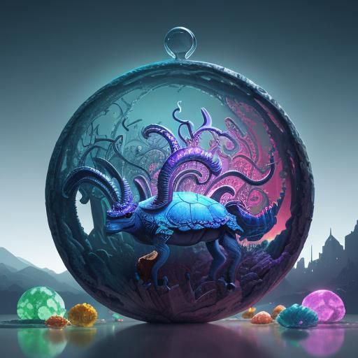 Fantastical Cityscape with Aztec Symbols in 3D Digital Art