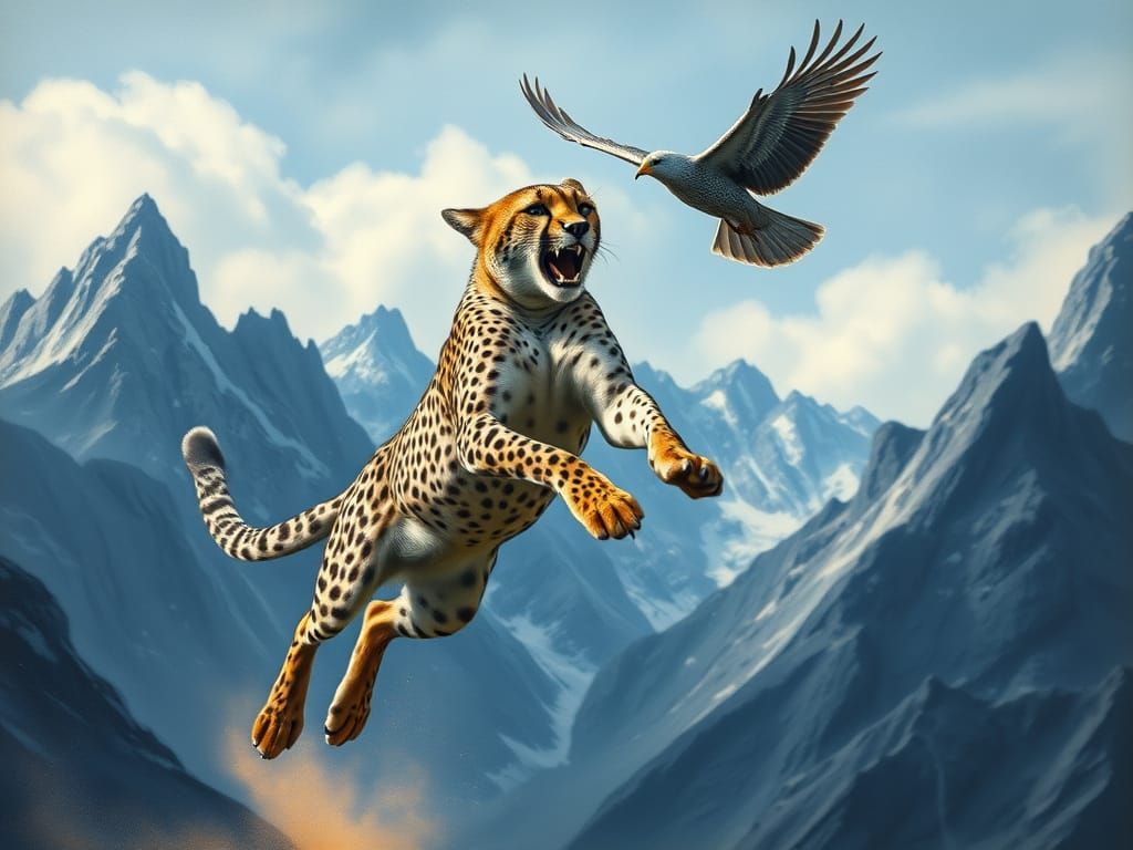 Majestic Cheetah Leaps for Prey in Mountain Landscape