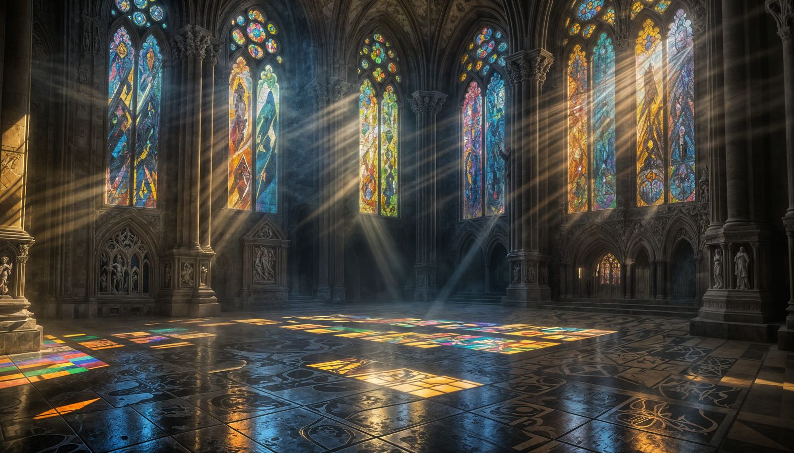Radiant Sunlight Through Stained Glass in Gothic Cathedral