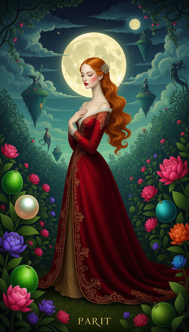 Surrealist Woman in Bosch-Inspired Garden