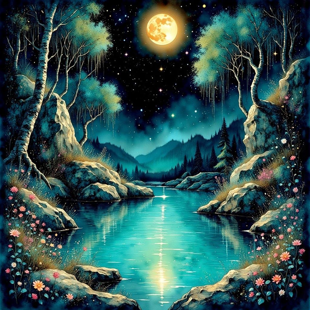 Bioluminescent Hot Springs in Gouache and Watercolor Style