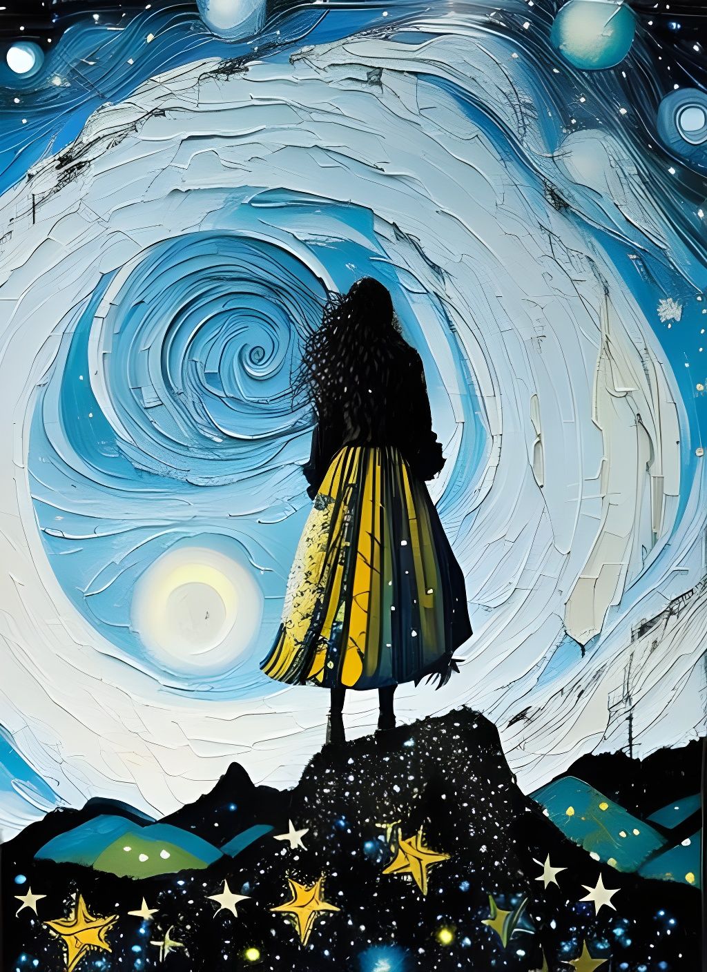 Starry Night Woman: Detailed Matte Painting