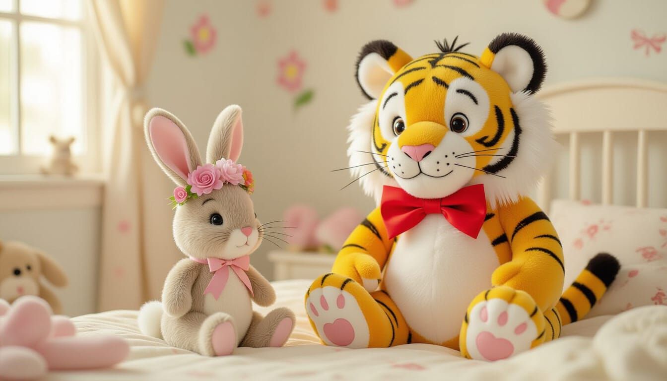 Whimsical Stuffed Tiger and Rabbit in Nursery