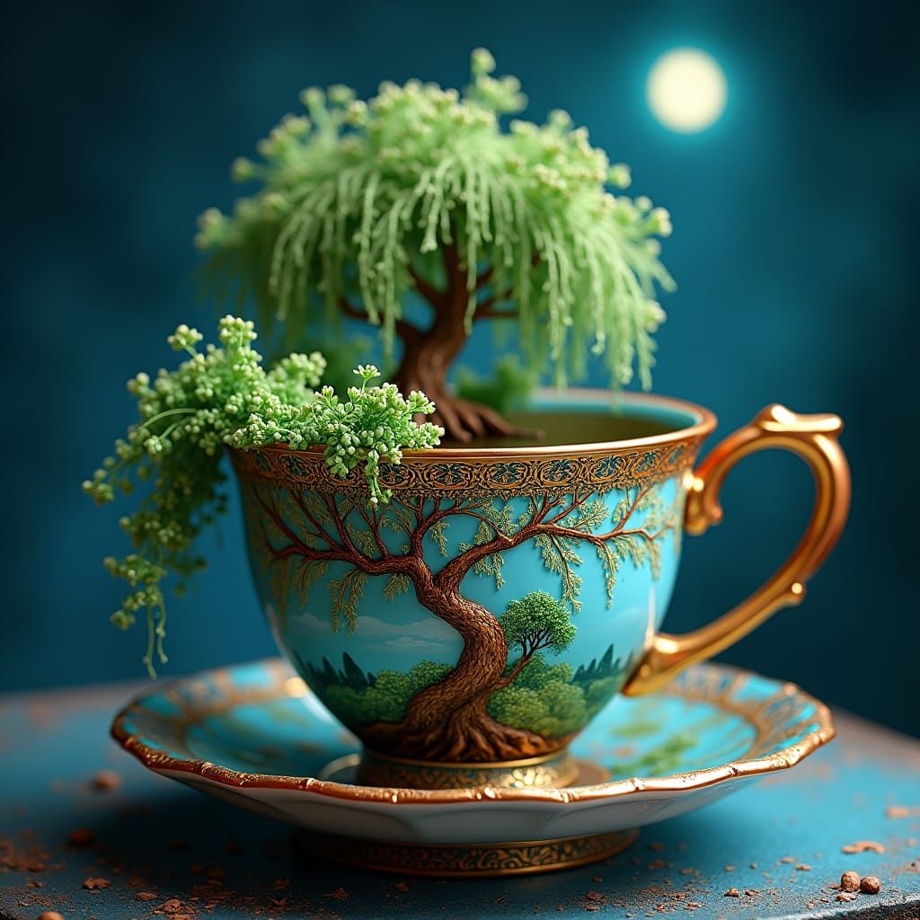 Emerald Ivy Teacup with Willow Tree, Hyper-Realistic