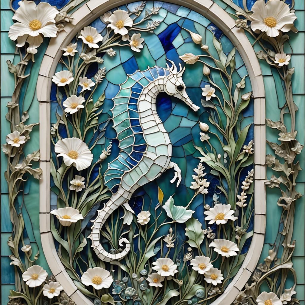 White Seahorse in Stained Glass, Pre-Raphaelite Style