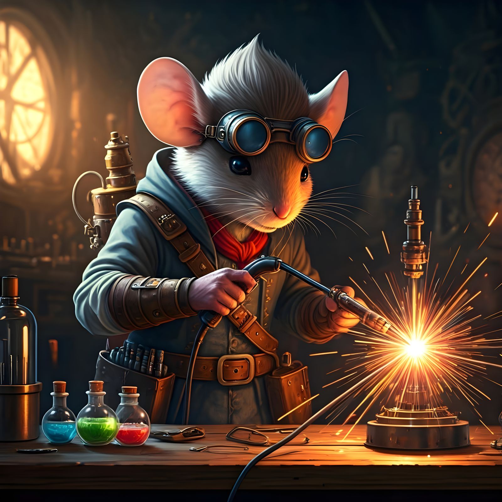 Anthropomorphic Mouse Artificer in Steampunk Workshop