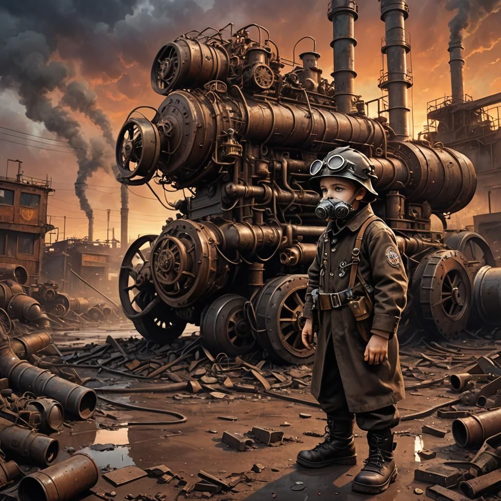 Dieselpunk Child Plays in Ruined Wasteland