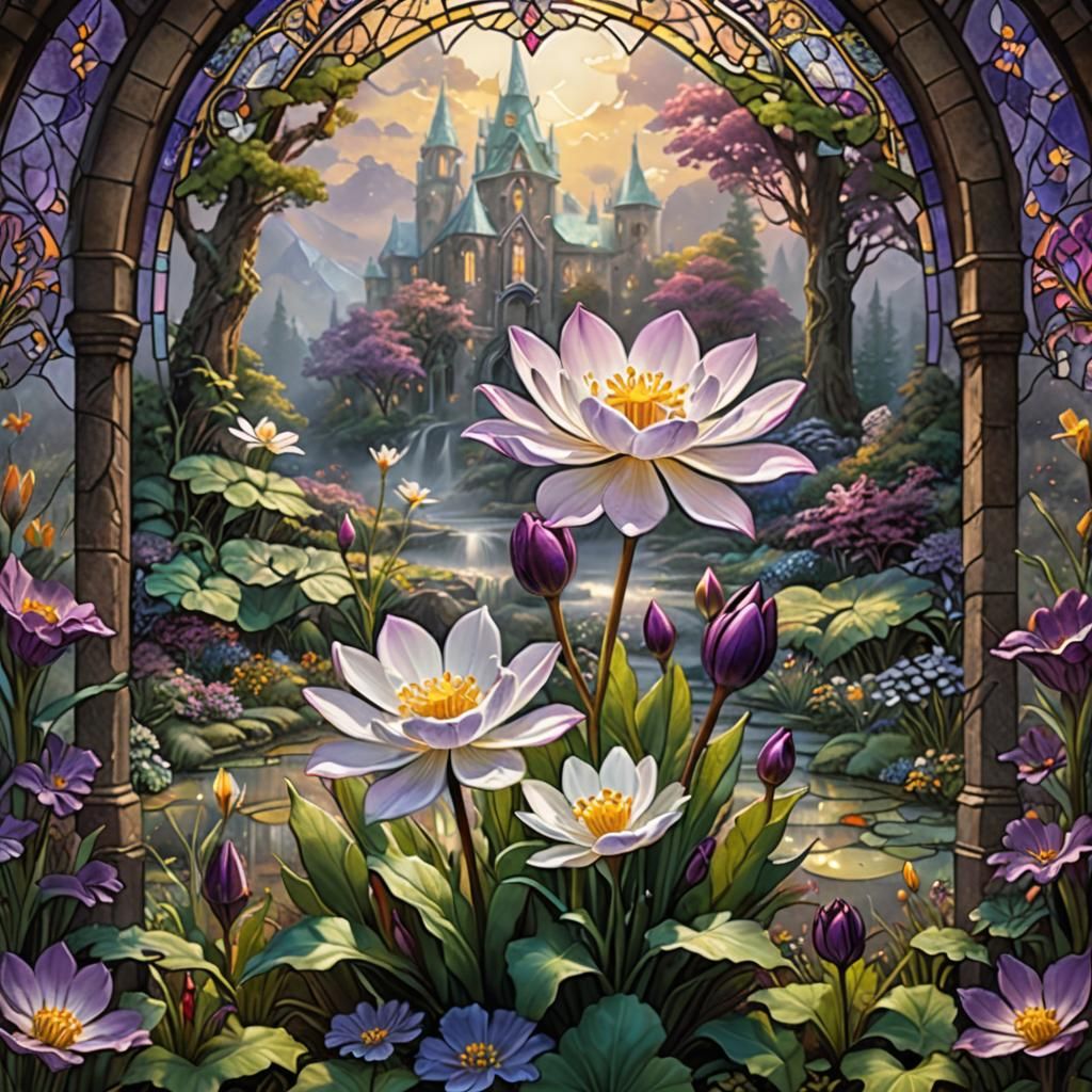 Stained Glass Bloodroot Flower: Ethereal Digital Painting