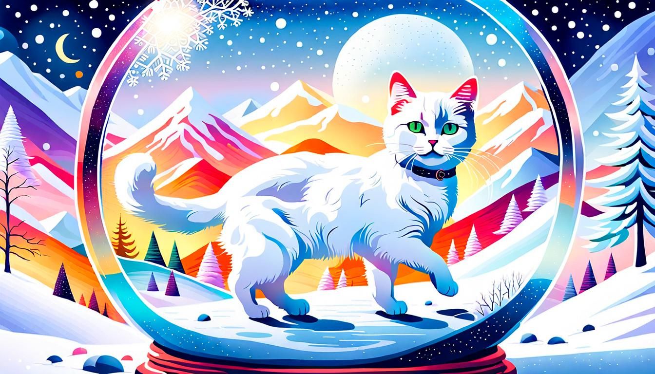 Capture the enchanting essence of winter magic with a delightful masterpiece featuring a charming white cat.