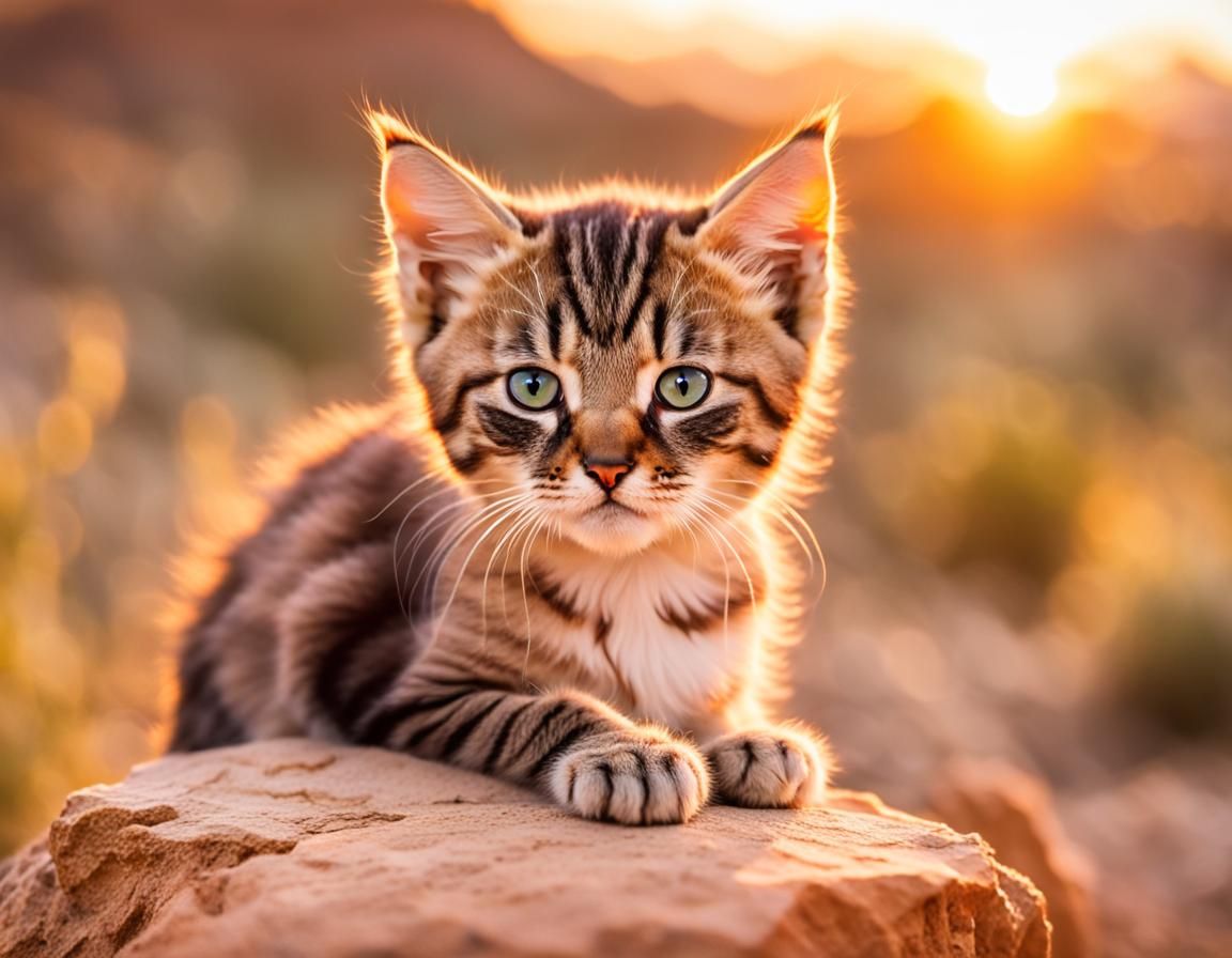 Grumpy Kitten Portrait at Desert Sunset