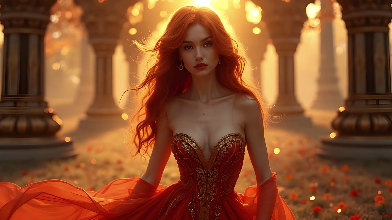 Hyperrealistic Goddess in Crimson and Gold