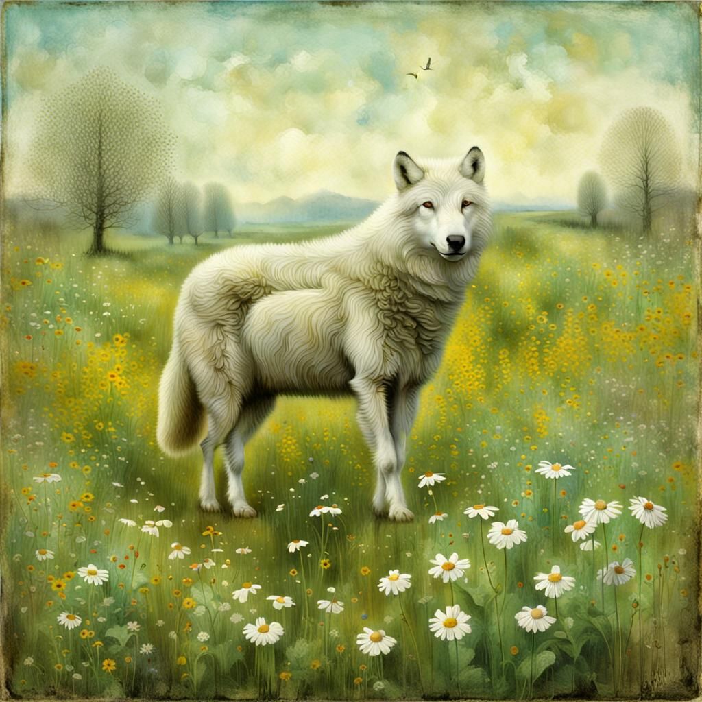 Wolf Pursuing Sheep in Spring Meadow