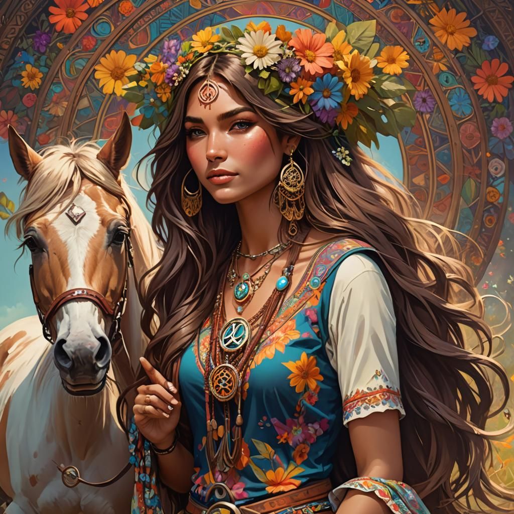 Pretty hippie girl with her horse