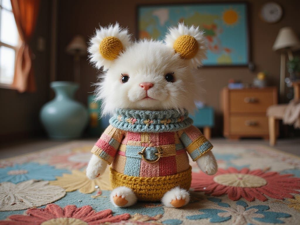 Frivolous Little Fluffy Person Wearing Sci-Fi Macrame Sci-Fi Pompom Space-Buns & Sci-Fi Quilted Patchwork Dress-Ups