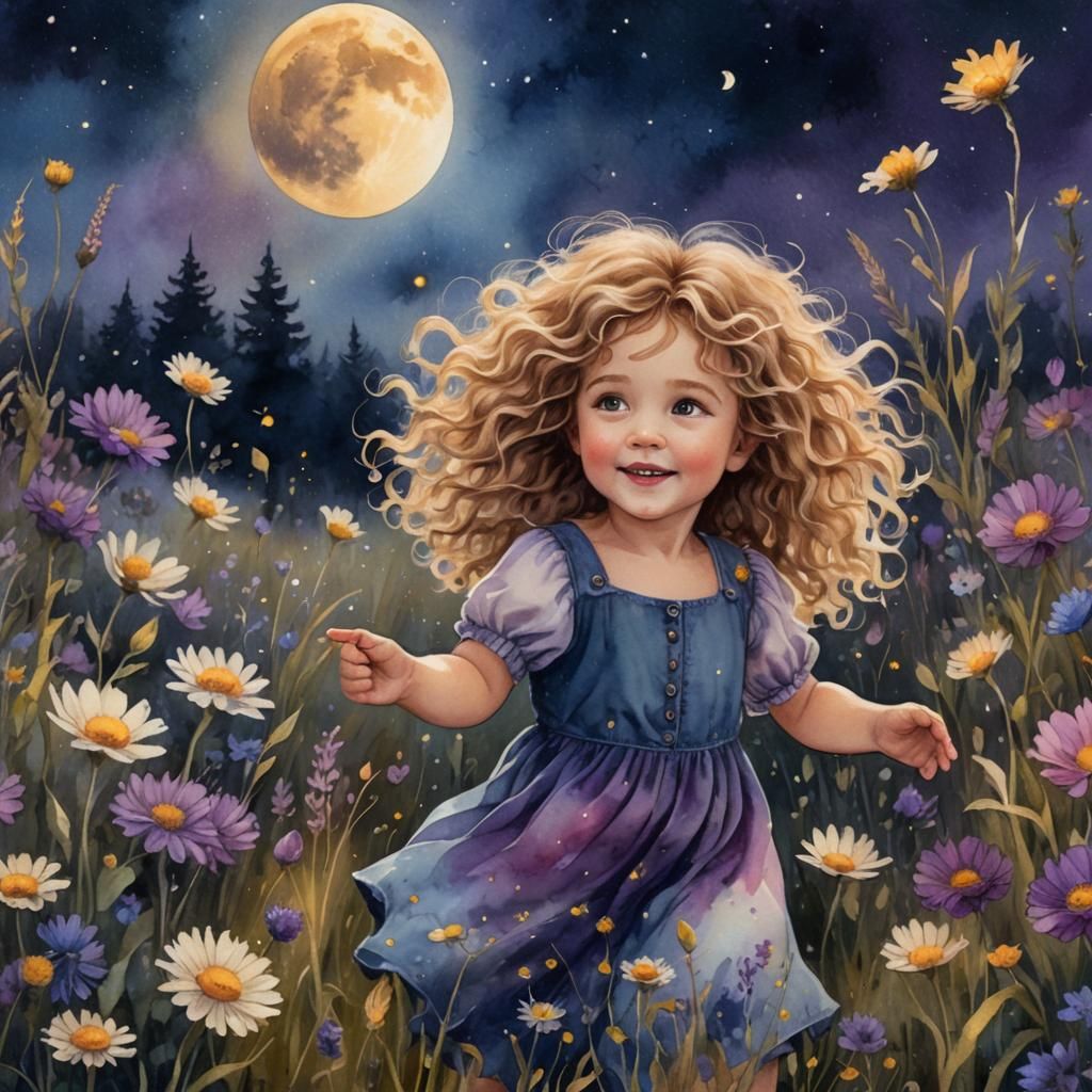 Toddler Dances in Moonlit Meadow: Watercolour Fantasy