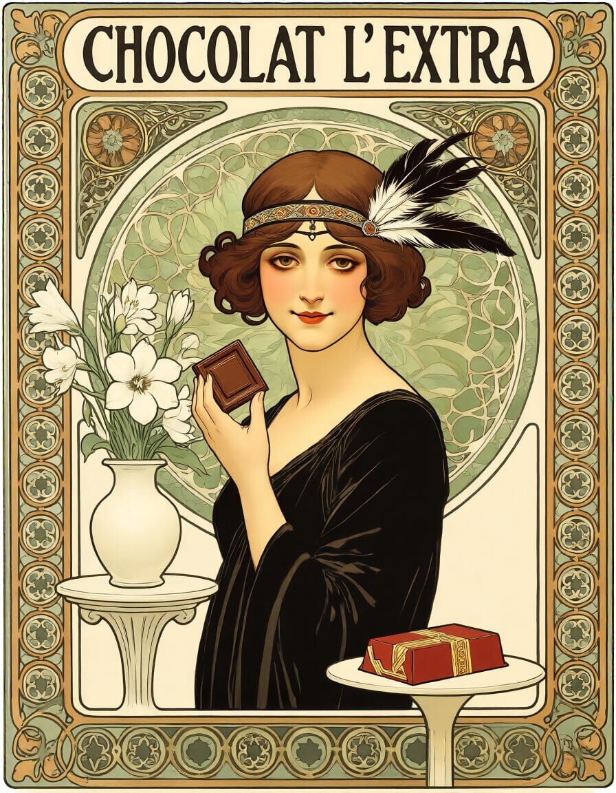 Art Nouveau Woman Holding Chocolate as Alfons Mucha Poster
