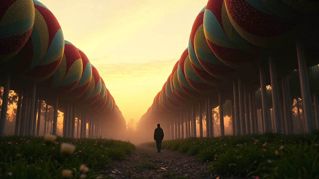 Surreal Lollipop Forest Sunset: Cinematic Film Still