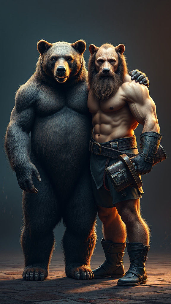 Muscular Bear Weightlifter Hybrid in Detailed Matte Painting